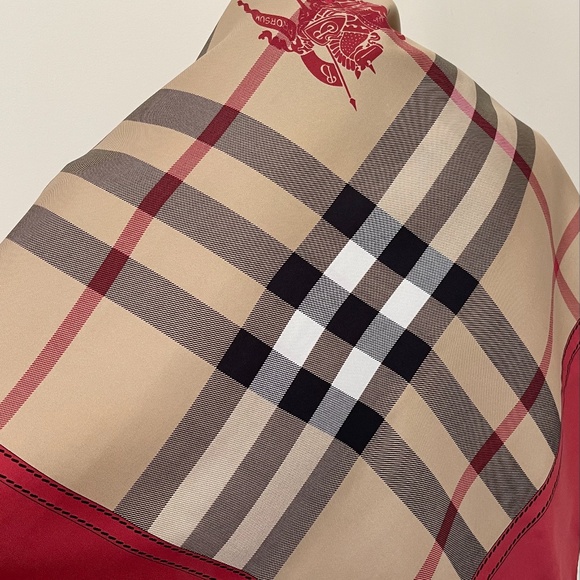 Display # 1 Burberry Scarf House Check Beige Red Border Logo Silk Wrap - Picture 10 of 16